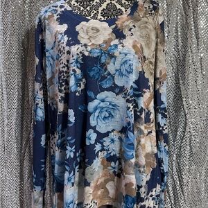 Time and Tru Blue and Cream Floral Blouse